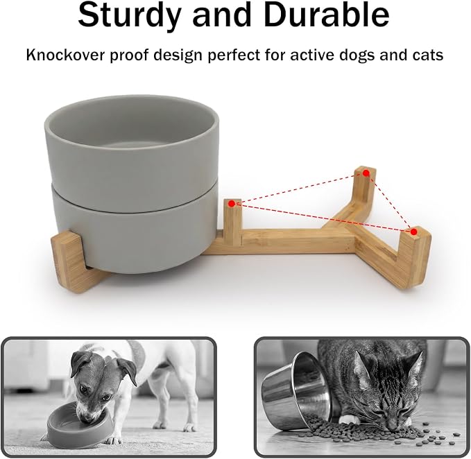 MateeyLife Ceramic Dog and Cat Bowls with Stand, 2-Pack Food and Water Bowl Set - Non-Slip Pet Bowls for Small & Medium Size Dogs，28.7OZ(Grey)