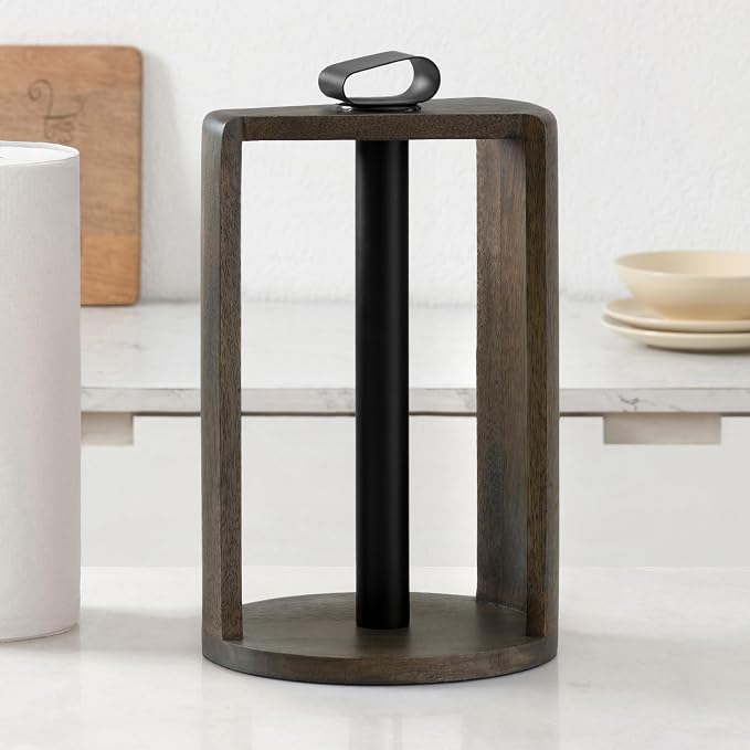 Anji Mountain Wooden Paper Towel Holder with Iron Holder, Holder Stand for Kitchen Roll Organizer & Kitchen Dining Table Home Décor, Countertop Fits Jumbo & Mega Rolls - Chocolate/Black, Top Load