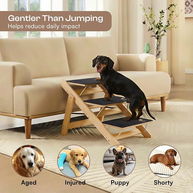 Luciphia Wooden 2-in-1 Dog Stairs, 4-Step Foldable Anti-Slip Pet Steps
