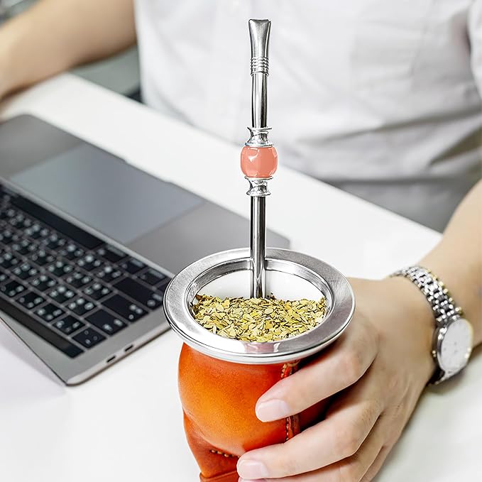 CUOPRU Yerba Mate Bombillas Set - Included Mate Gourd Stainless Steel Straws with Straw Case, Removable Head Filter, Colorful Bead, Cleaning Brush (Purple and Pink)