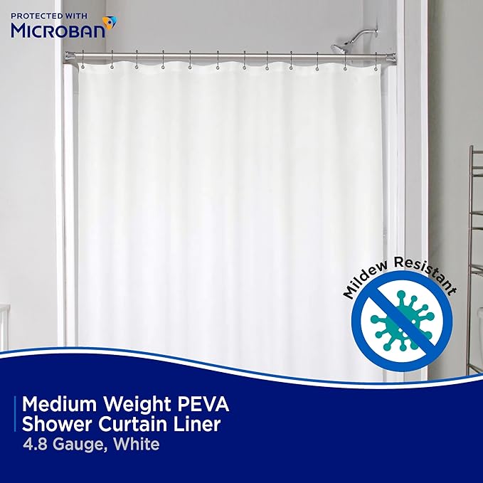 Kenney - Microban PEVA Shower Curtain Liner, Waterproof Medium-Weight 4.8 Gauge Design with Rust-Resistant Metal Grommets and Weighted Magnetic Hem, 70" x 72", White
