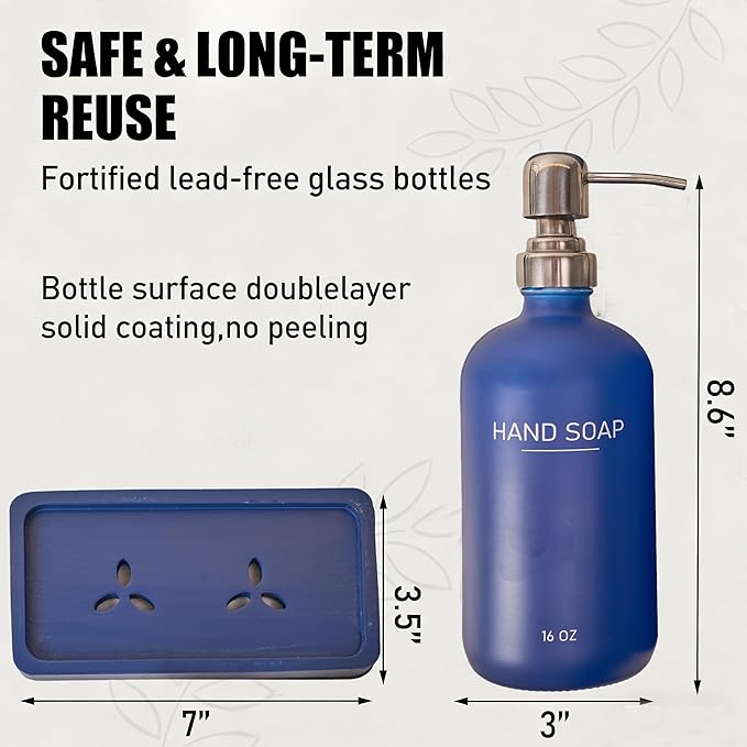 Navy Blue Soap Dispenser Set, Glass Soap Dispenser with Stainless Steel Pump & Tray, Farmhouse Hand Soap Dispenser & Dish Soap Dispenser for Bathroom Kitchen Sink(2 Blue)