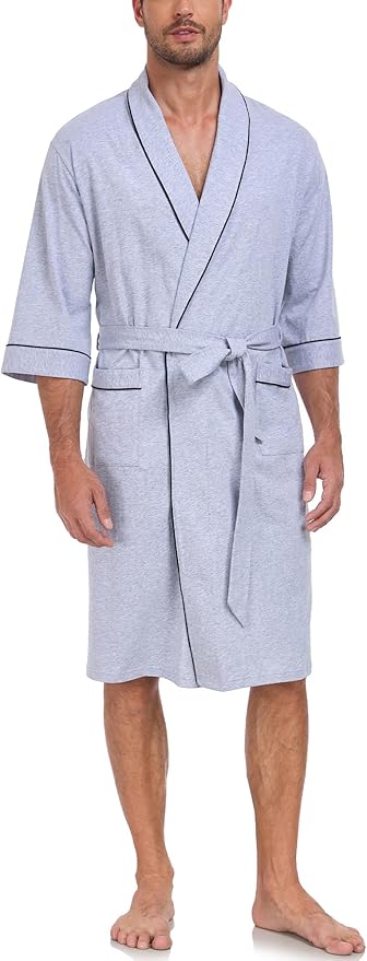 COLORFULLEAF 100% Cotton Men’s Summer Bathrobe Lightweight & Breathable Short Sleeve Kimono Robe with Pockets