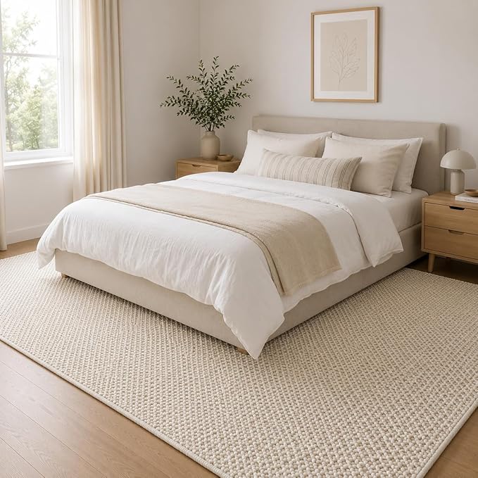 Handwoven Wool Area Rug - Hand Woven Natural Carpet Rugs- Bedroom Living Room Dining Room (Ivory- 5'x8')