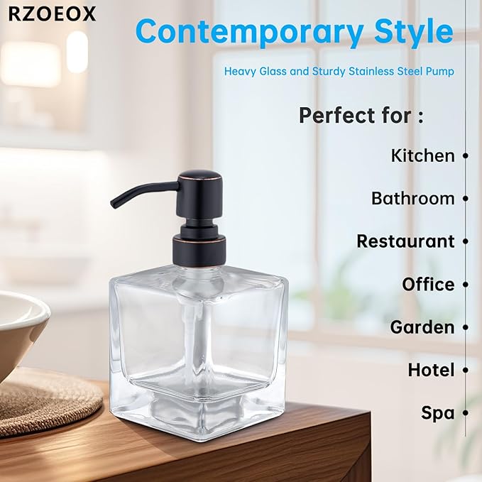 Hand Soap Dispenser Square with Oil Rubbed Bronze Pump, 8.4 oz Liquid Clear Glass Soap Dispenser with Stainless Steel Pump for Dish Soap Bathroom Kitchen Vanity Countertop