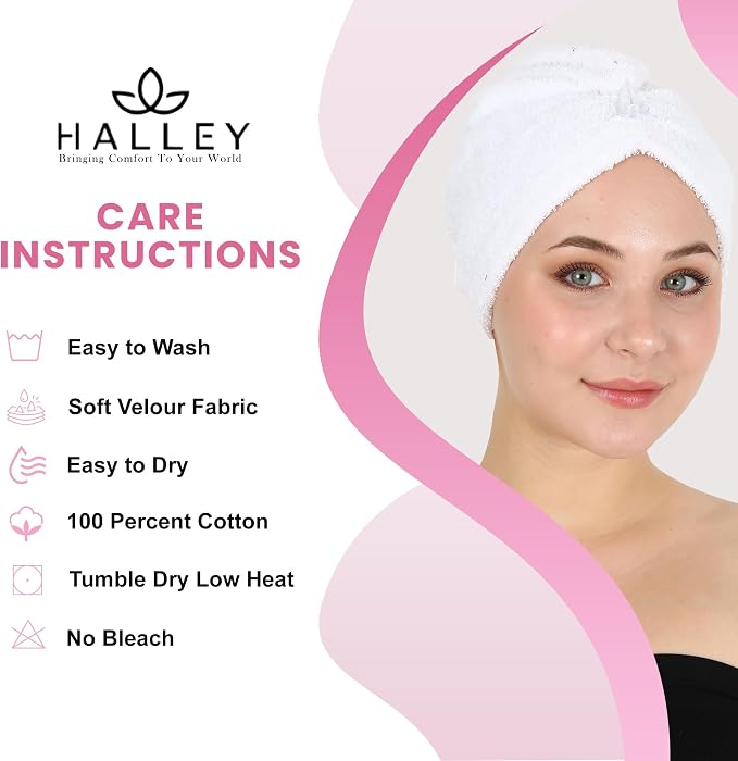 HALLEY Cotton Hair Towel Wrap (3 Packs) Super Absorbent Fast Drying Hair Towel for Thick Hair Turbans for Wet Hair with Button (White, Grey, Pink)