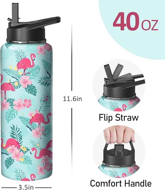 40oz Flamingo Water Bottle with Handle and Flip Straw, Animal Sports Stainless Steel Insulated Cup Travel Coffee Mug Tumbler, Birthday Mothers Day Chritmas Gifts for Women