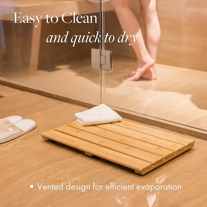 GOBAM Bamboo Bath Mat, Large, 26 x 15.75 x 1.34 inches - Water Resistant, Non-Slip Shower Mat for Spa, Sauna, Kitchen, Pool, Indoor, Outdoor - Bamboo Bathroom Accessories - Natural