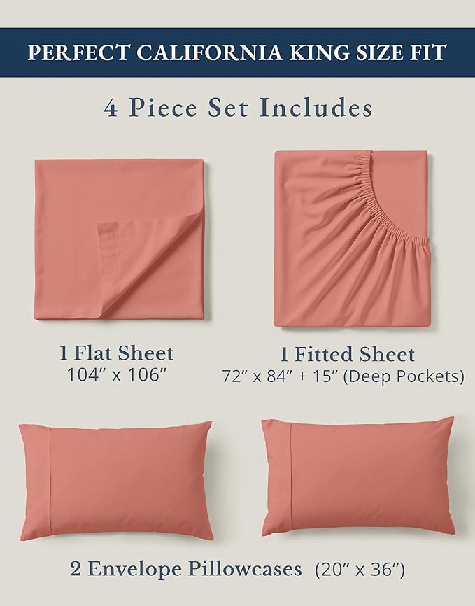 LANE LINEN 100% Organic Cotton California King Sheets Set, 4-Piece Pure Organic Cotton Long Staple Percale Weave Soft Best Bedding Sheets for Bed, Breathable, Fits Mattress Upto 15" Deep - Rose Dawn