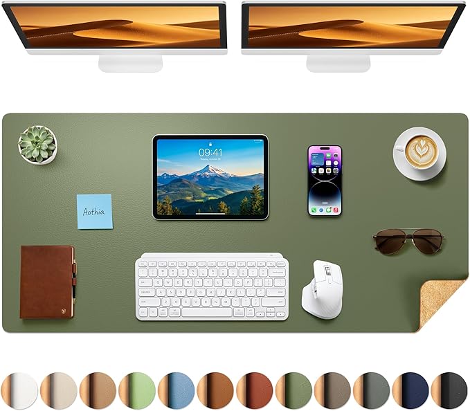 Aothia Cork Desk Mat - Dual-Sided Extra Large Desk Pad & Keyboard Mat, Long PU Leather Desk Protector, Waterproof Desktop Blotter (47" x 17", Olive Green)