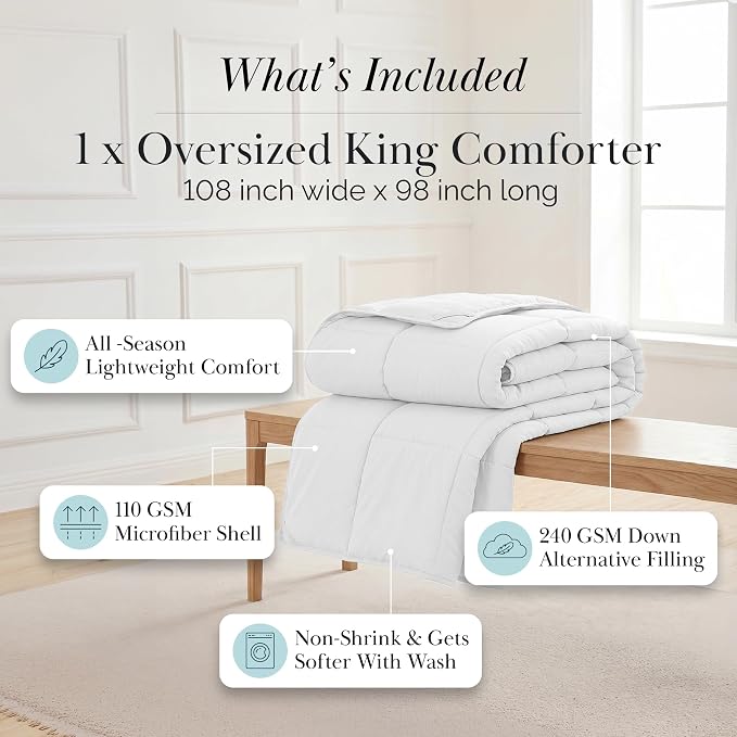 Southshore Fine Living, Inc. White Comforter King Size, Cozy Duvet Insert California King, Pet Hair Resistant Bedding, Easy Care Oversized Down-Alternative Comforter Bedding, Bright White Comforters