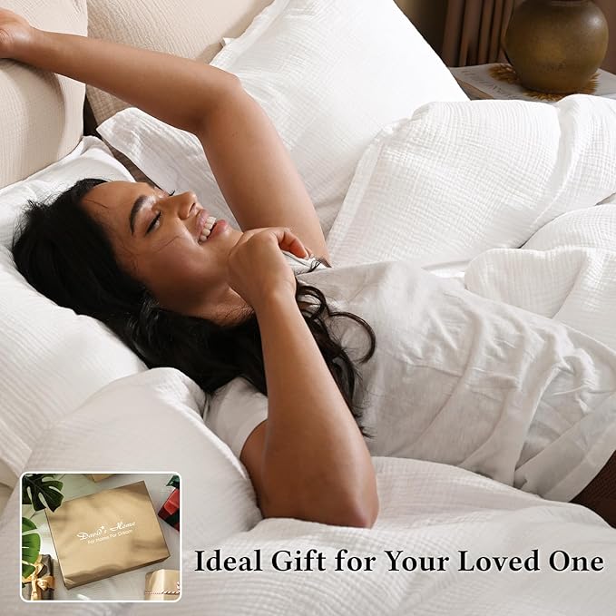 David's Home 100% Cotton Muslin Duvet Cover Set Queen Size,3 Pcs Ultra Soft Breathable & Lightweight Gauze Bedding Set with 2 Pillowcases,Textured Home Decor with Button, 90"×90" White,No Insert