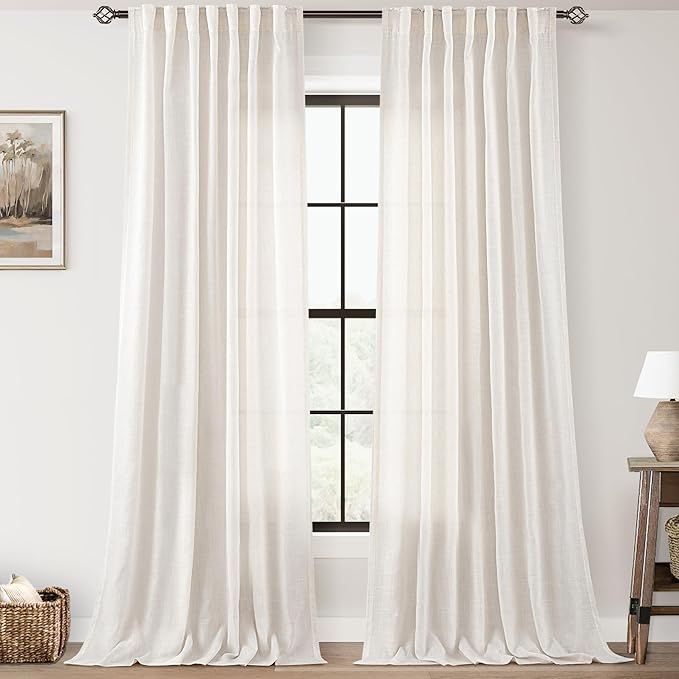 2 Panels Set Cream Linen Curtains 108 Inches Long for Living Room Neutral Rustic Farmhouse Light Filtering Semi Sheer Linen Drapes Ceiling to Floor for Large Window Villa Hallway Ivory 9 FT