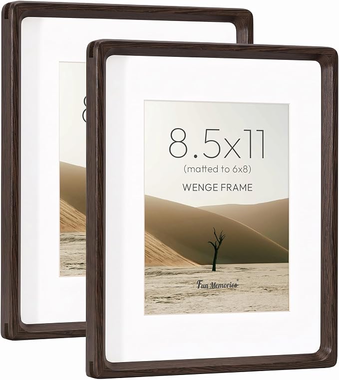 8.5 by 11 Picture Frame, Natural Wenge Wood Photo Frame with HD Tempered Glass, Handcrafted Rounded Corner 8.5x11 Wooden Picture Frames Matted to 6x8 Photos, Tabletop or Wall Display, 2 Pack
