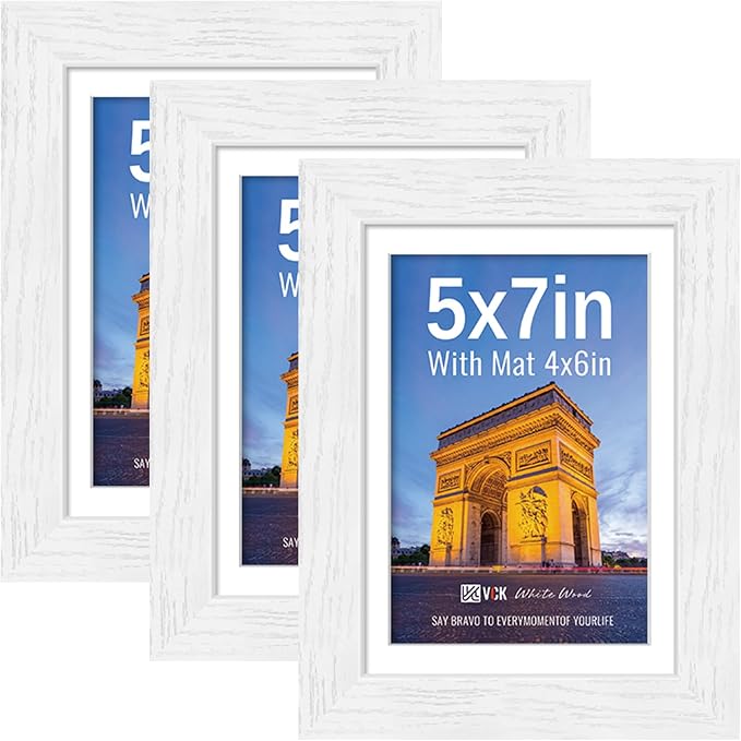VCK 5x7 Picture Frames White 3 Pack, Wide Border Wood, Tempered Glass, Display 4x6 Photo with Mat or 5 x 7 without, for Home, Office, Gallery, Woodgrain Series, Tabletop & Wall Hanging