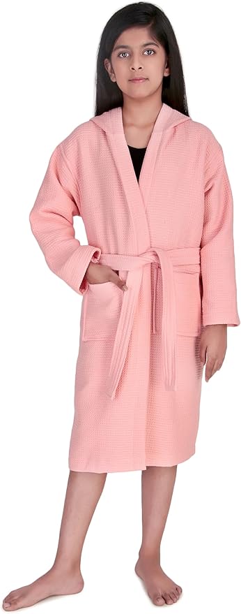 ALLEN & MATE 100% Cotton Waffle Terry Towel Hooded Kids Bathrobe – Soft Absorbent Medium Weight Swim Robe for Boys & Girls