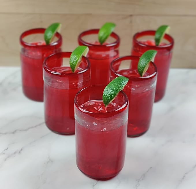 Dos Sueños Hand Blown Mexican Drinking Glasses - Set of 6 Glasses with Red Rims (14 oz each)