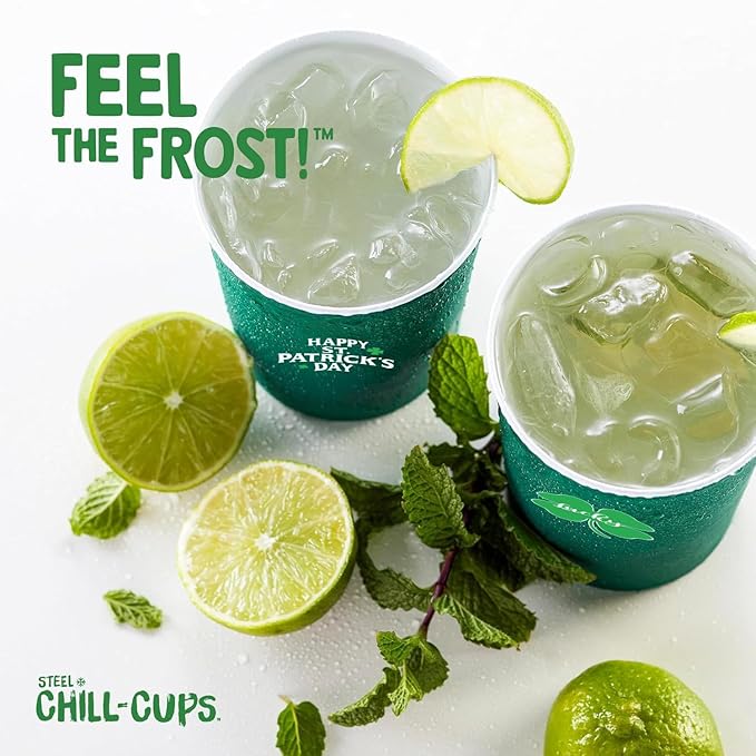 Steel Chill Cups 16 oz. Party Cups 'St. Patrick's Day' Clover Design for Cold Drinks, Durable, Disposable, Recyclable, Made in USA, Green, 12 Count