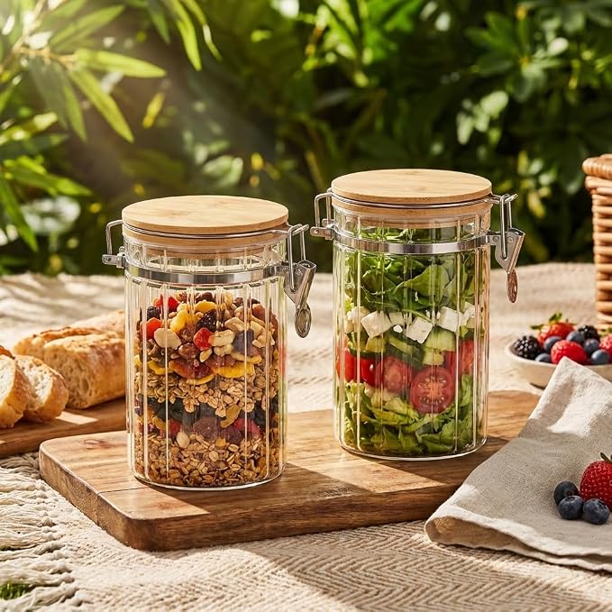 Glass Storage Jars with Bamboo Lids, Set of 2 – 34oz Airtight Borosilicate Canisters for Pantry Organization, Coffee, Flour, Sugar & Pasta – BPA-Free, Ribbed Design