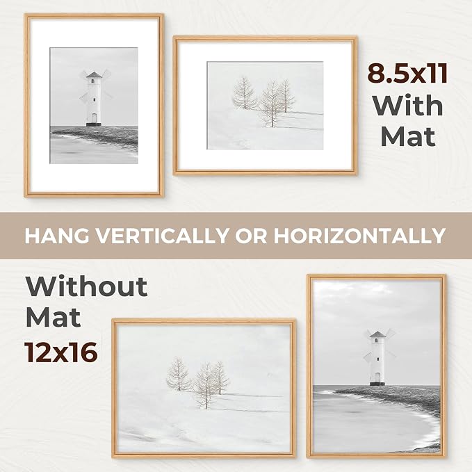 12x16 Picture Frame with Mat for 8.5x11, USA-Sourced Natural Beech Wood Handcrafted Rounded Corner with HD Tempered Glass, 12 x 16 Photo Frames Gallery Wall & Tabletop, Vertical or Horizontal Display