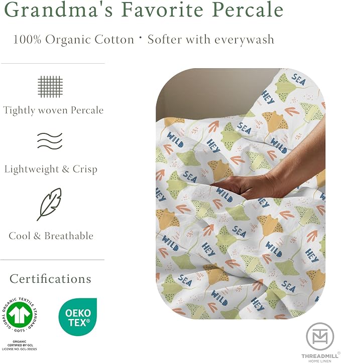 Threadmill Organic Cotton Twin Sheets | 100% Cotton Sheets for Twin Size Bed | Printed Percale Twin Sheet Set with 15” Deep Pocket | Soft Breathable | 3-Piece | Rays Yellow