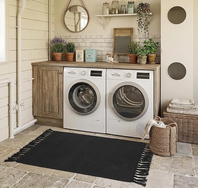 Seavish Black Kitchen Rugs, 2x4 Washable Bathroom Rug Runner, Cotton Recycled Woven Area Rug, Boho Throw Rugs with Tassles, Braid Farmhouse Accent Carpet for Laundry Porch Entryway Front Door Mat