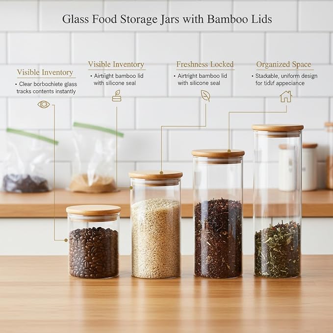 Borosilicate Glass Storage Jars with Bamboo Lids, Clear Kitchen Canisters for Pantry Organization of Dry Goods, Coffee, Tea, and Grains