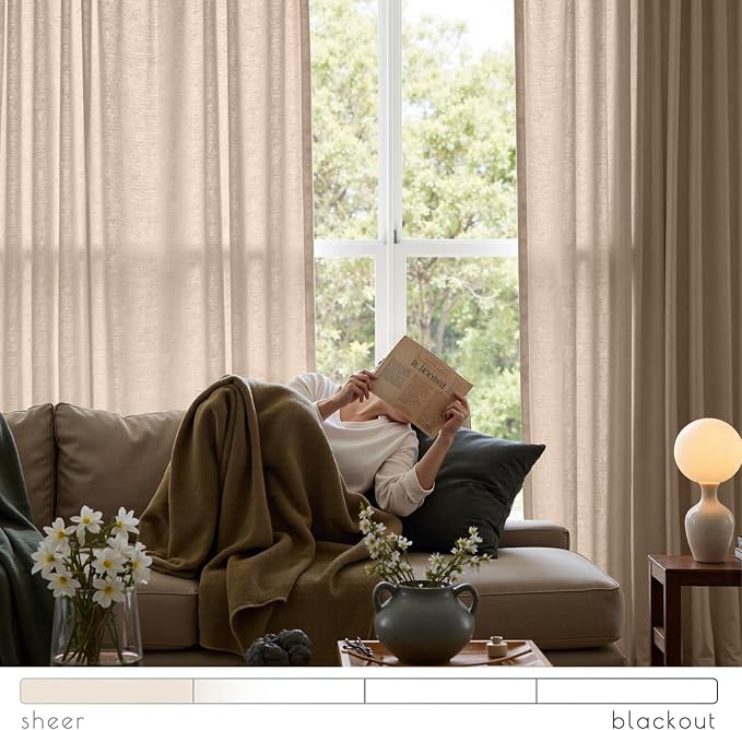 jinchan Semi Sheer Curtains 90 Inches Long for Bedroom Linen Curtains Light Filtering Living Room Curtain Panles Grommet Curtains Farmhouse Burlap Textured Drapes Tan Home Office Decor 50 Inch Wide