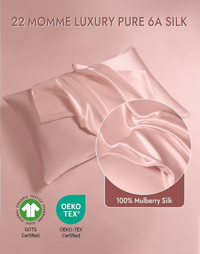 SilkSilky 100% Mulberry Silk Pillowcase - Pure 22 Momme High-Grade 6A Fibers for Hair & Skin, Hidden Zipper, Natural, Organic, Breathable & Cooling Pillow Case (Standard 20''x26'', Pink)