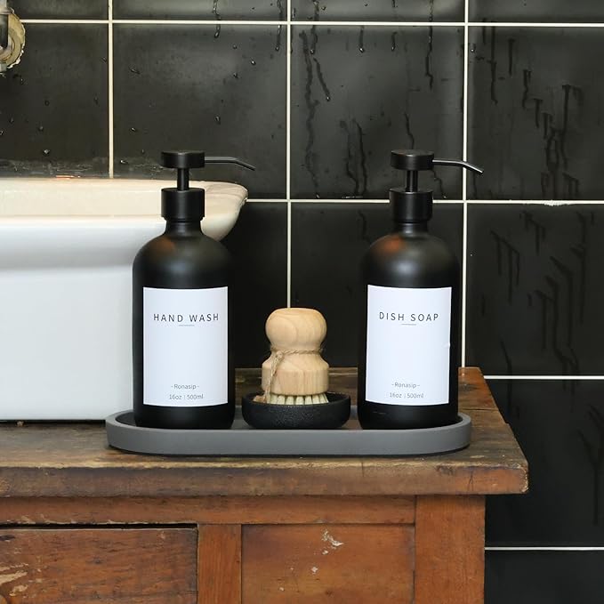 Ronasip Set of 5 Kitchen Soap Dispenser Set 16 Oz Glass Hand Dish Soap Dispenser with Stainless Steel Pump, Cement Tray, Dish Scrub Brush for Farmhouse Rustic Home Bathroom Decor (Black)