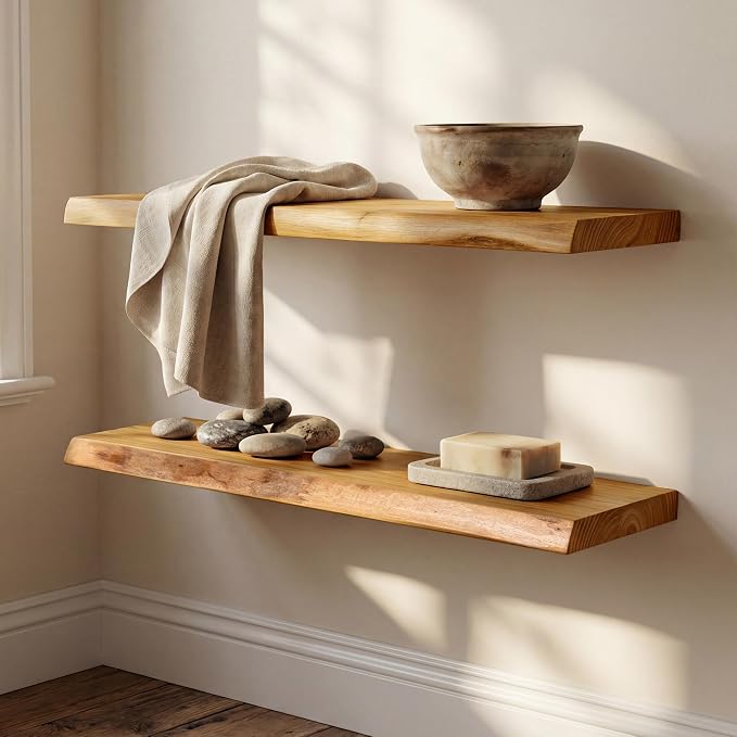 36" Live Edge Floating Shelves, Solid Elm Wood Shelf, Set of 2 | 1.4"Extra Thick, 9.3" Deep Heavy Duty Storage, Artisan Natural Finish for Kitchen, Coffee Bar & Living Room