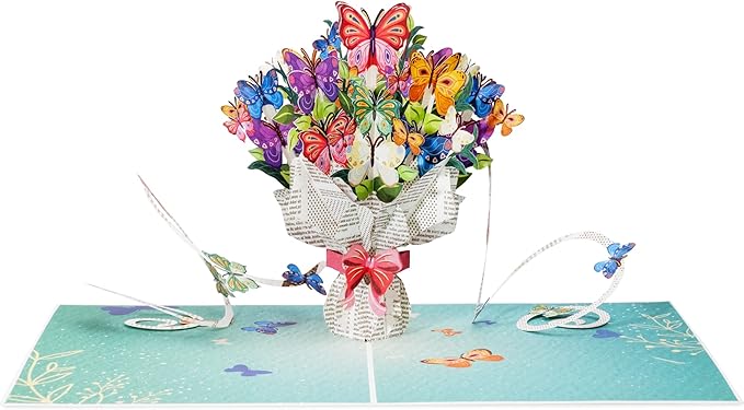 Paper Love Frndly, Butterflies Bouquet 3D Pop Up Card, For All Occasion, Mothers Day, Love, Thank You, Just Because -100% Recycled and Eco-Friendly, Handmade, 8" x 6" Cover -with Removable Note Tag