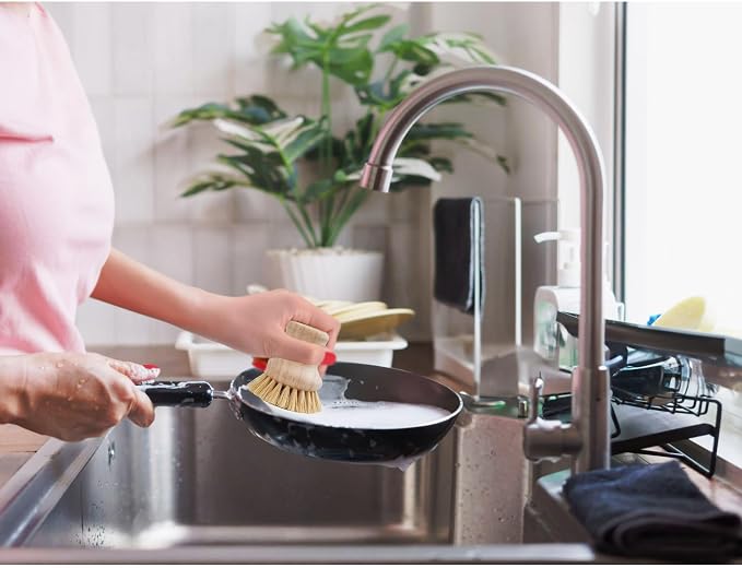 HIC Harold Import Co. Kitchen Natural Bristle Dish Pan Scrub Brush, Non-Scratch Natural Tampico Bristles with Wooden Handle