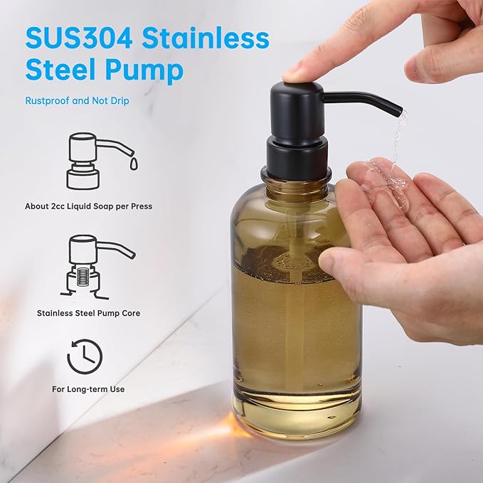 Glass Soap Dispenser Brown with Black Pump, 11 OZ Liquid Soap Dispenser Amber Cylindrical Bottle with Stainless Steel Pump for Dish Hand Soap Bathroom Kitchen Vanity Countertop