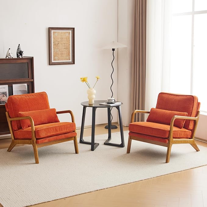Karl home Mid-Century Modern Accent Reading Chair, Orange | Corduroy Upholstered, Solid Wood Frame, Soft Cushion, Lumbar Pillow, Lounge Armchair for Living Room, Bedroom, Balcony, Study