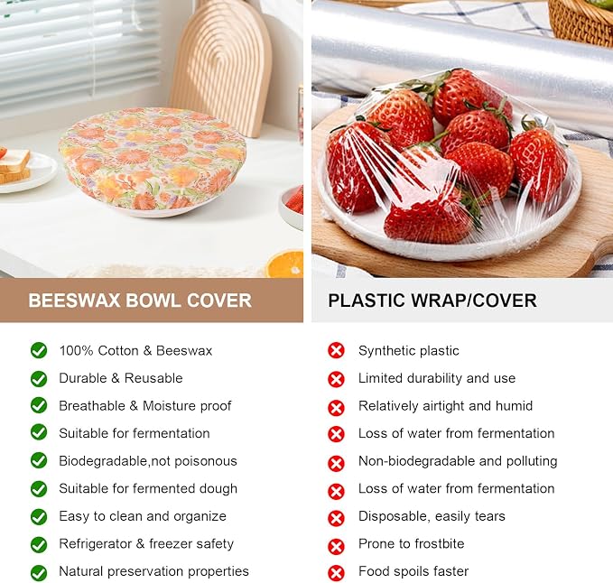 Reusable Bowl Covers for Bread Proofing - Beeswax Bowl Covers Reusable 3 Set, Cotton Blend Stretch Design, Fits 4-13 Inch Bowls, Shower Caps for Sourdough Bread, Dough Proofing & Food Storage（Flower）