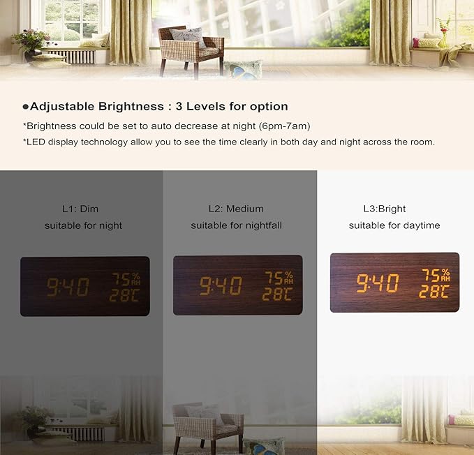 Alarm Clock for Bedside Modern Wood Digital Clock Snooze LED Desk Clock Display Time Temperature Humidity Brightness Adjustable for Home Kids Bedroom Office(Brown)