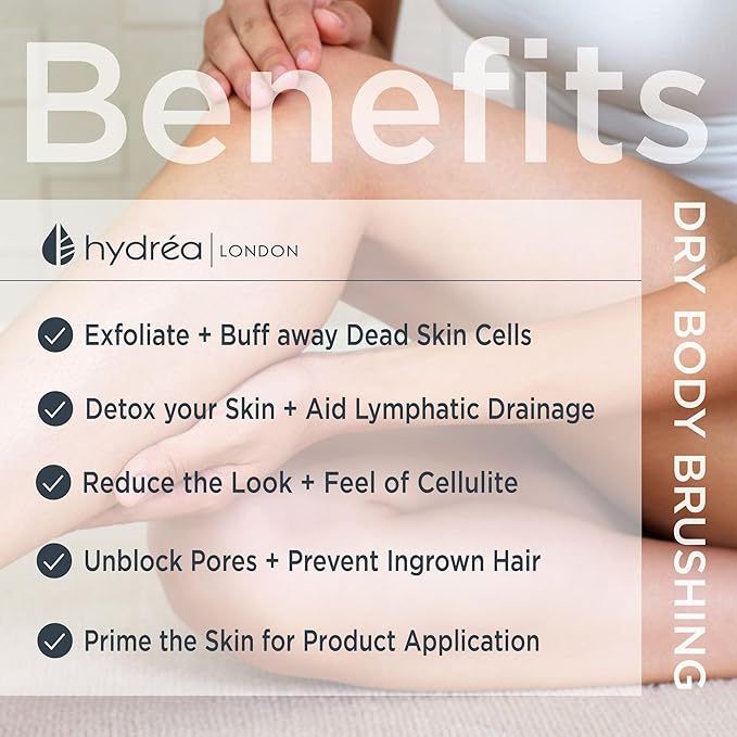 Hydrea London Body Brush Back Scrubber - Shower brush with long handle 100% Natural Bristle, Dry Skin Brush, Exfoliating Cellulite Brush - FSC® Certified Beechwood.