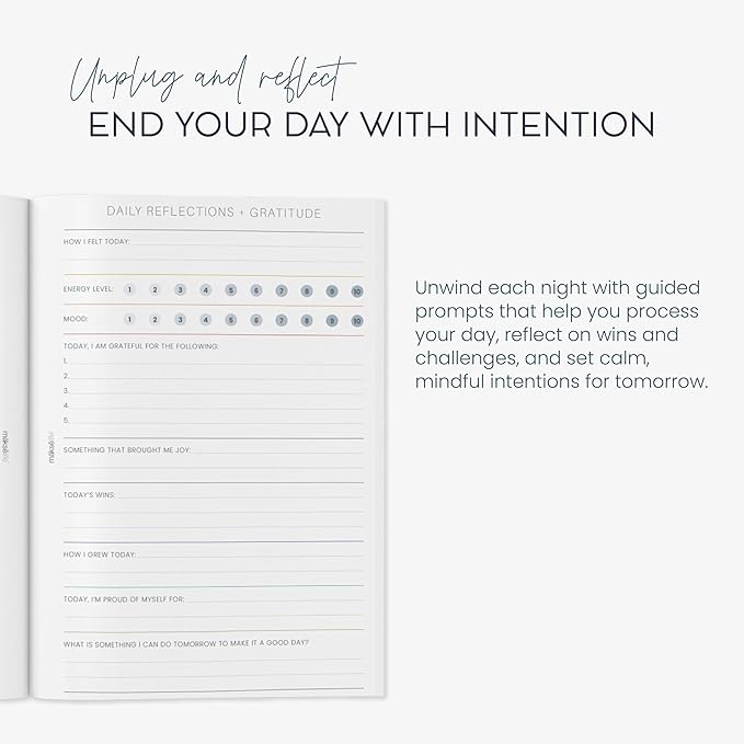 MäksēLife Evening Reflections & Gratitude Journal - Daily Mindfulness & Self-Care Notebook, A5 Lay-Flat Binding, Vegan Leatherette Cover, Bedtime Companion for Positive Intentions