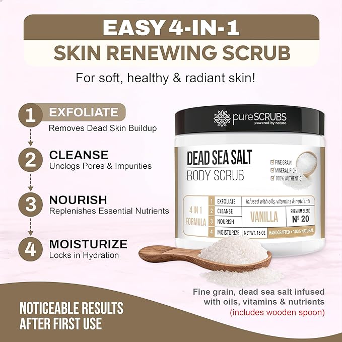 pureSCRUBS Premium Vanilla Body Scrub Set - Large 16oz Dead Sea Salt Body Scrub With Infused Essential Oils & Nutrients, Includes Wooden Spoon, Loofah & Oatmeal Exfoliating Bar Soap