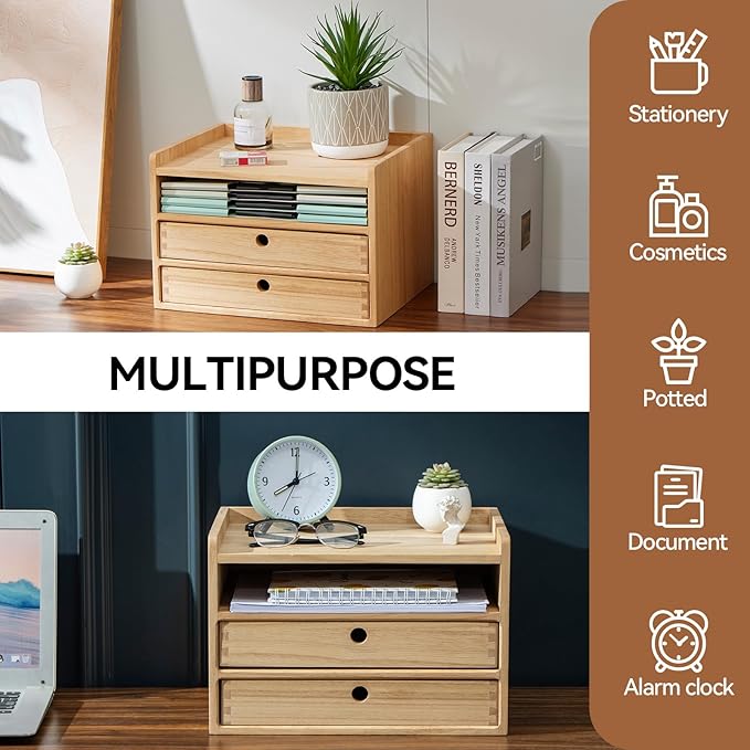 KIRIGEN Desktop Organizer Cabinet with 2 Drawers and Tray, Wood Office Desk Storage Shelf, 3-Tier Countertop Organizer for Papers, Supplies, Cosmetics, Kitchen Accessories Natural（DT3D2C-NA）