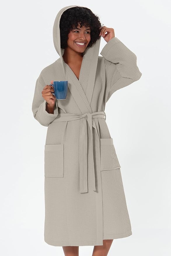 SEYANTE Women's Organic Cotton Waffle Kimono, Hooded Robe – GOTS Certified Lightweight Full-Length Spa Bathrobe with Piping
