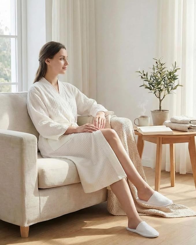 Jecery Waffle Bathrobe and Slippers Bulk Set Spa Robes Hotel Bath Lightweight Thin Commercial Soft for House Shower Party