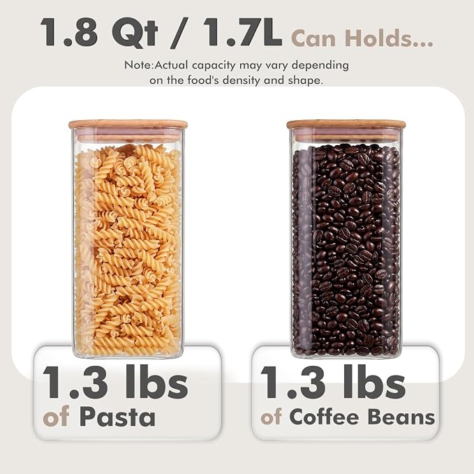 3-Pack 1.8Qt Rectangle Glass Storage Jars with Bamboo Lids | Minimalist Kitchen Organizer,Scandinavian Style Storage,Nordic Style Storage,Food Storage Canister for Pasta, Penne, Macaroni