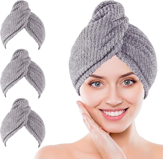 Microfiber Hair Towel Wrap, 3 Pack (Gray) Soft Hair Drying Towel,Shower Cap & Hair Accessories for Woman,Drying Hair Wrap Towels for Curly Hair Women Anti Frizz