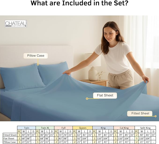 CHATEAU HOME COLLECTION King Size Sheets Set – 100% Organic Cotton King Bed Sheets, Deep Pocket Fitted Sheet, Cooling & Breathable, Sateen Weave, French Blue, Fits Upto 17" Mattress