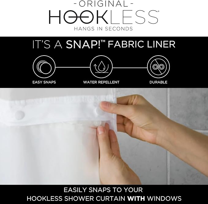 Hookless It's A Snap! Polyester Fabric Snap-in Replacement Shower Curtain Liner with Magnets for Hookless Curtain with Sheer Window, 70" x 54", Water-Repellent, Easy Install, White