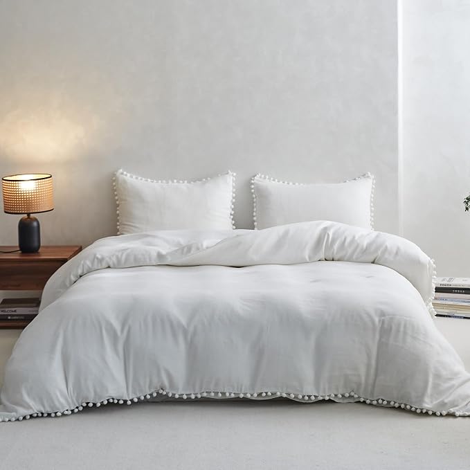Simple&Opulence French Linen Blended Duvet Cover Queen, Flax Viscose Derived from Bamboo Bedding Set with Pom Pom Trim Soft Cooling for Hot Sleepers, 1 Boho Comforter Cover and 2 Pillow Shams, White