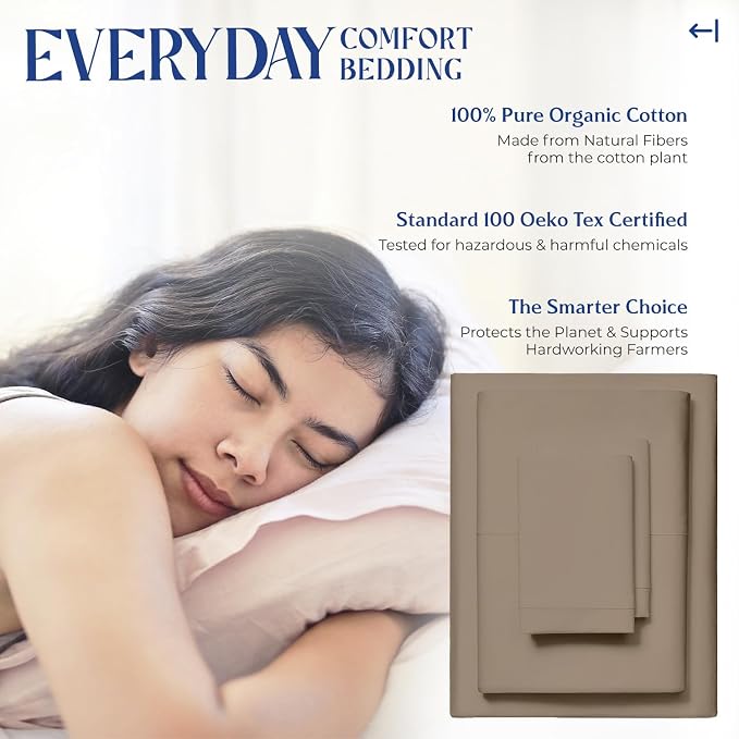 Mayfair Linen 100% Organic Cotton Sheets Twin XL Size - 3 PC Organic Cotton Percale Sheets Twin XL Set (Taupe), Soft, Crisp, Cooling Bedsheets, 16" Deep Pocket Hotel Bedding - GOTS Certified