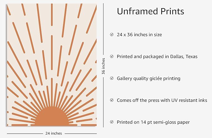 Y2K BOO Minimalist Sunburst UNFRAMED Wall Art Abstract Geometric Arch Earth Tones Terracotta Mid Century Modern 24x36 Inch Heavyweight Paper Boho Sunrise Studio Decor